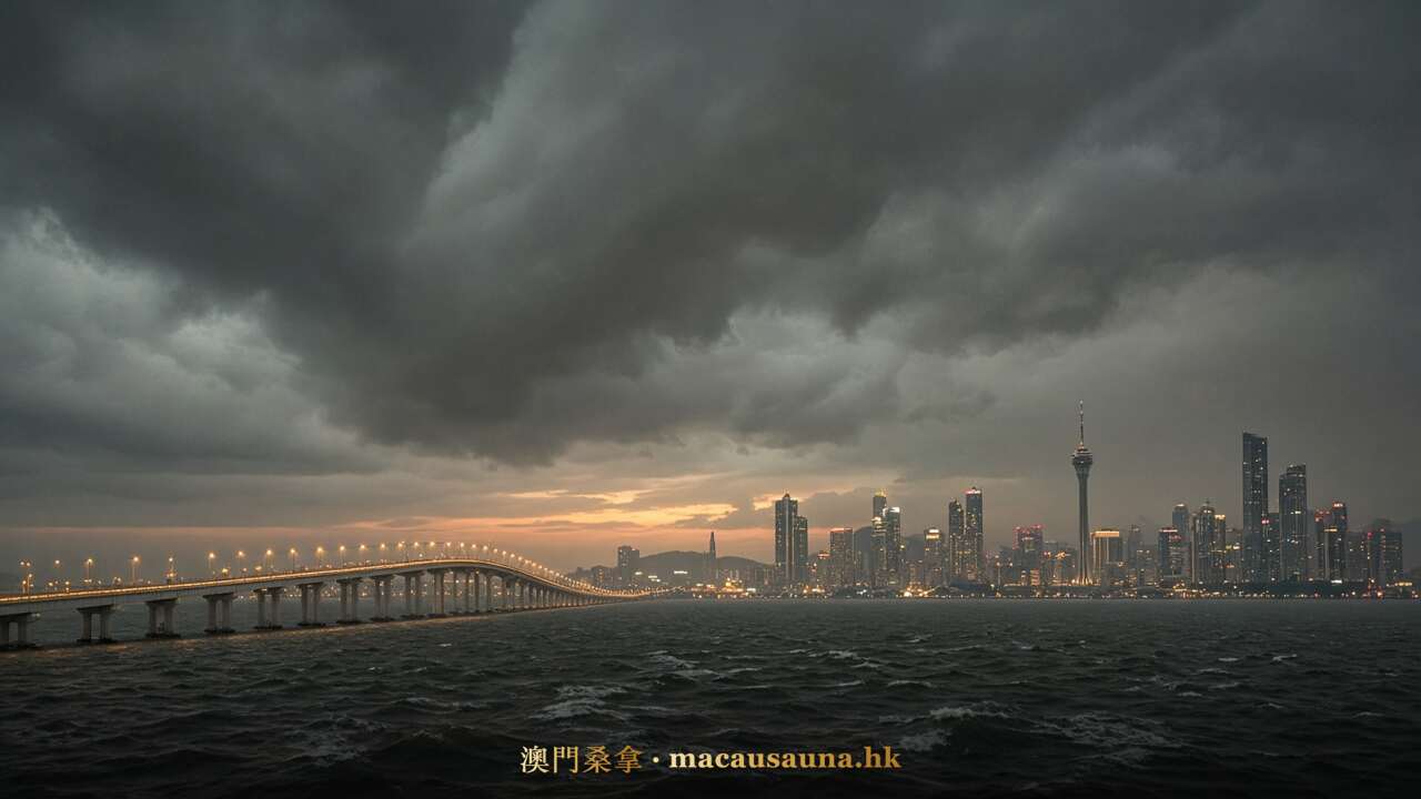 颱風逼近澳門海面與大橋示意圖