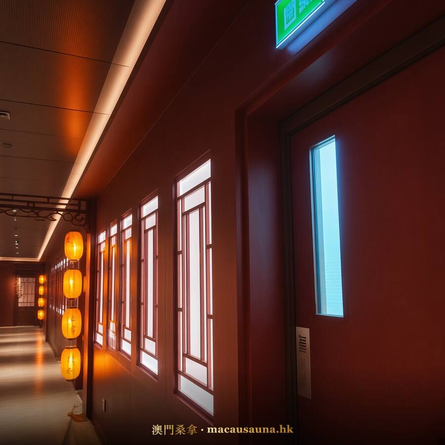 八湯御桑拿中式格柵長廊環境示意圖，兩側木格柵牆懸掛紅燈籠